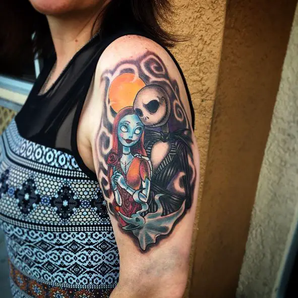 Colorful Full Moon and, Jack Skellington and Sally Arm Tattoo