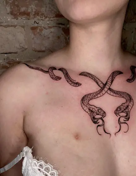 Black and Grey Two Snakes Collarbone Tattoo
