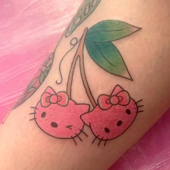Traditional Colorful Hello Kitty Cherries Arm Tattoo