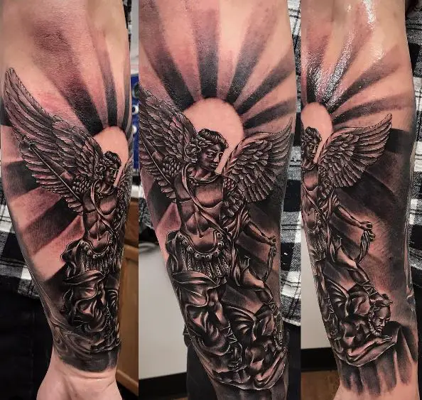 Sun and Saint Michael with Sword Defeating Satan Forearm Tattoo