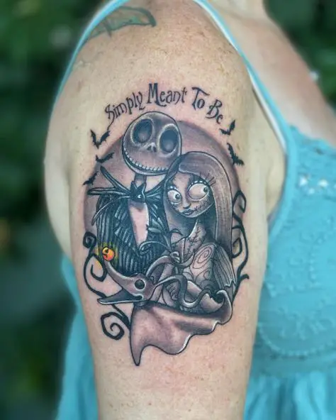 Black and Grey Jack Skellington and Sally, with Zero Arm Tattoo