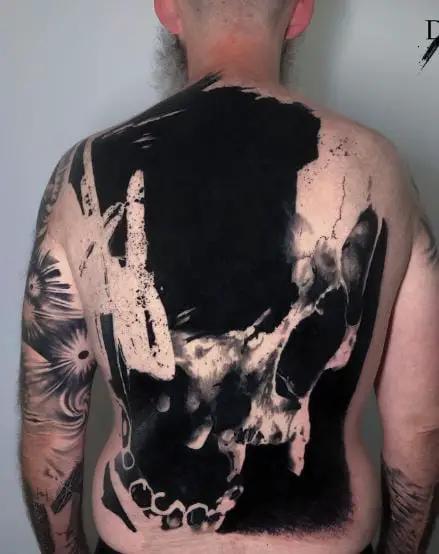 Black and Grey Skull Abstract Full Back Tattoo