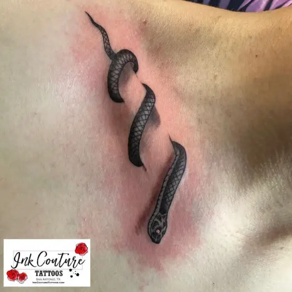 Black Shaded 3D Snake Collarbone Tattoo