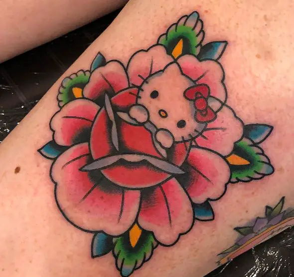 Traditional Colorful Flower and Hello Kitty Thigh Tattoo