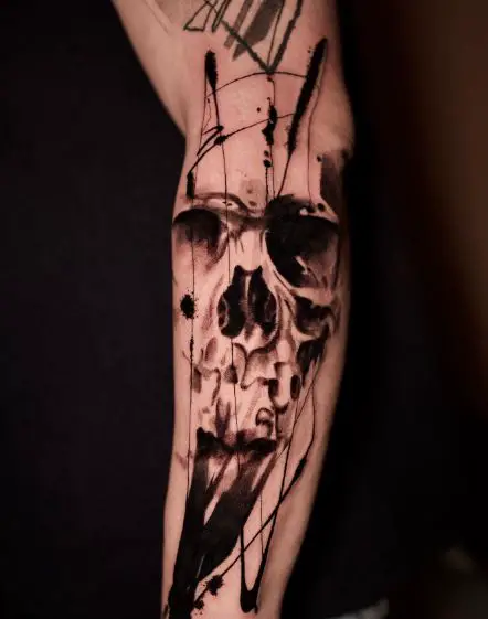 Black and Grey Skull Abstract Forearm Tattoo