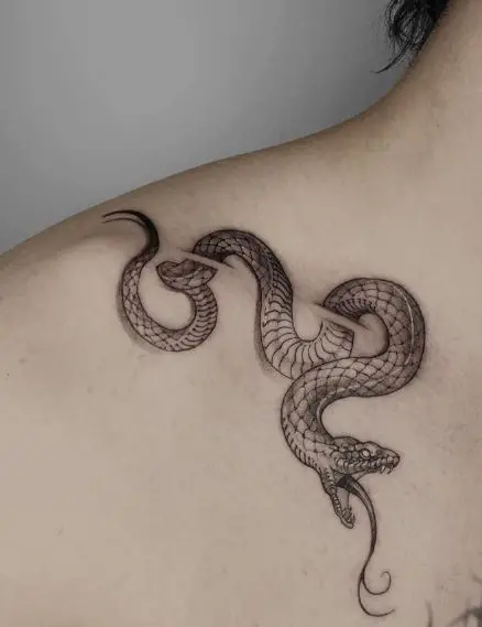 Grey Snake with Open Mouth Collarbone Tattoo
