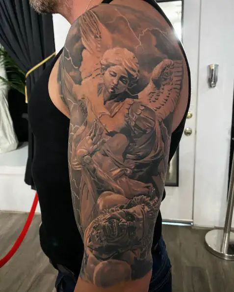 Black and Grey Saint Michael Defeating Satan Arm Sleeve Tattoo