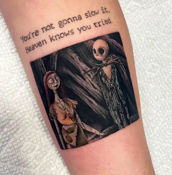 Colored Jack Skellington and Sally, with Script Forearm Tattoo