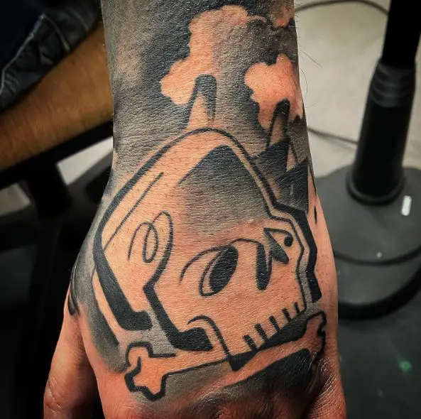Black and Grey Skull with Bone Abstract Hand Tattoo