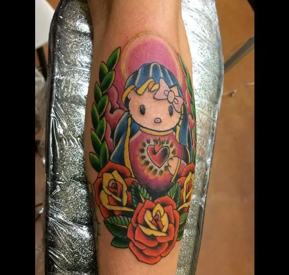 Traditional Colorful Flowers and Hello Kitty Forearm Tattoo