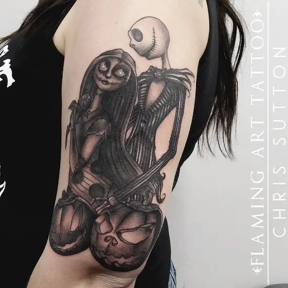 Black and Grey Jack Skellington and Sally, with Halloween Pumpkins Arm Tattoo