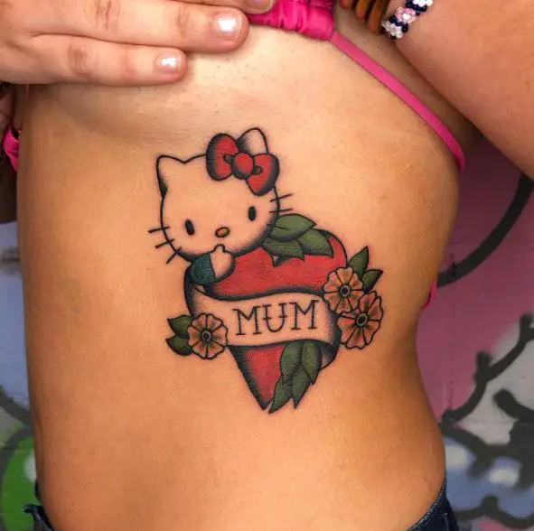 Traditional Colorful Hello Kitty with Heart and Flowers Ribs Tattoo