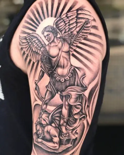 Sun and Saint Michael with Sword Defeating Satan Arm Tattoo
