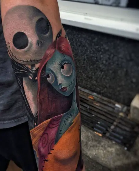 Colorful Jack Skellington and Sally Arm Sleeve Tattoo