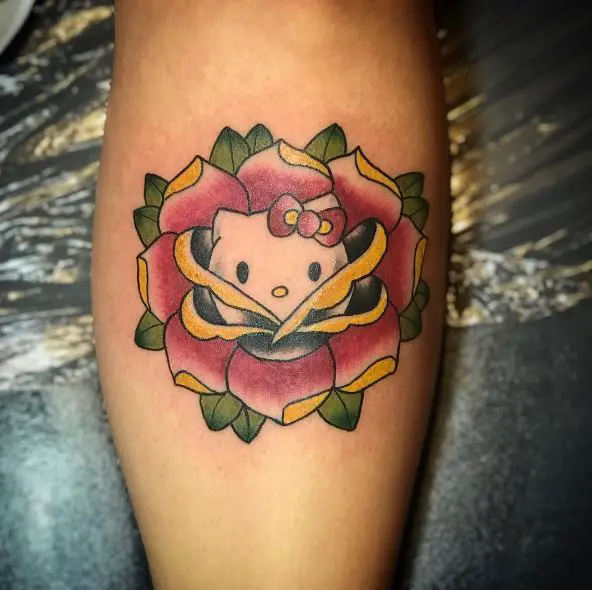 Traditional Colorful Flower and Hello Kitty Forearm Tattoo