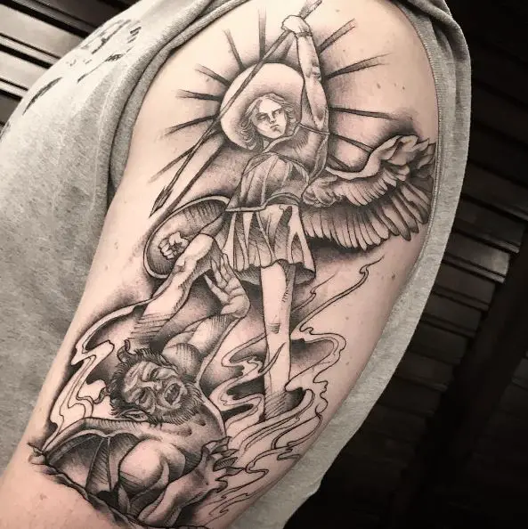 Sun and Saint Michael with Spear Defeating Satan Arm Tattoo