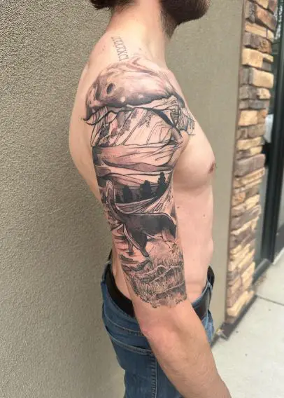 Black and Grey Landscape Abstract Arm Sleeve Tattoo