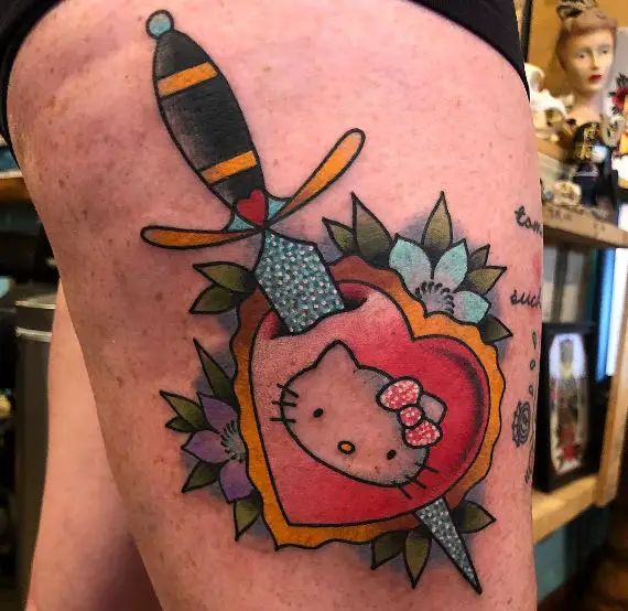 Traditional Colorful Dagger, Heart and Hello Kitty Thigh Tattoo