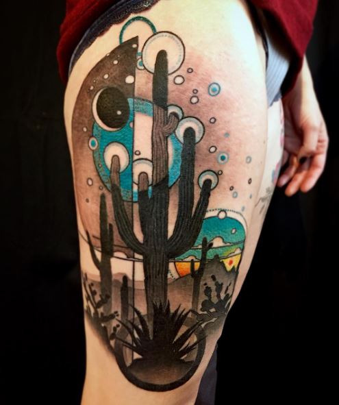 Colored Desert Landscape with Cactus Abstract Thigh Tattoo