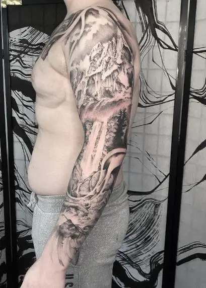 Black and Grey Mountain Landscape Abstract Arm Sleeve Tattoo