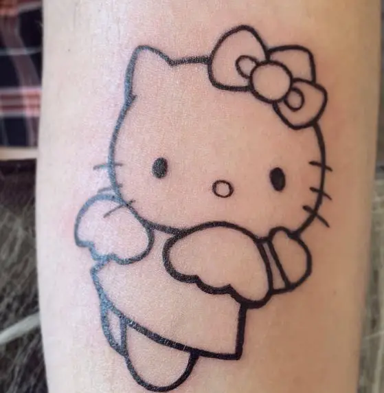 Black Minimalistic Angel Hello Kitty Forearm Tattoo
