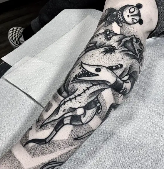 Black and Grey Oogie Boogie Arm Sleeve Tattoo