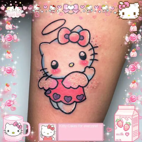 Colorful Angel Hello Kitty with Halo Tattoo