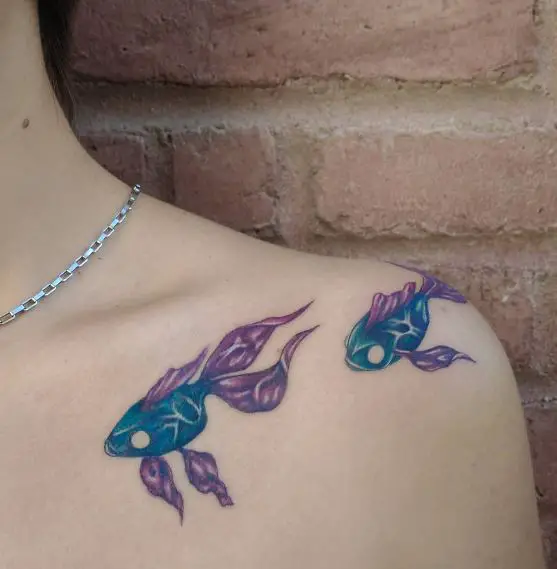 Colorful Two Fishes Collarbone Tattoo