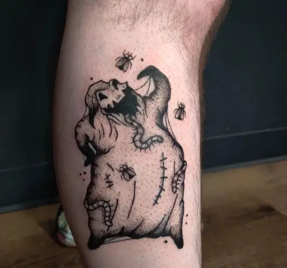 Black and Grey Bugs and Oogie Boogie Calf Tattoo