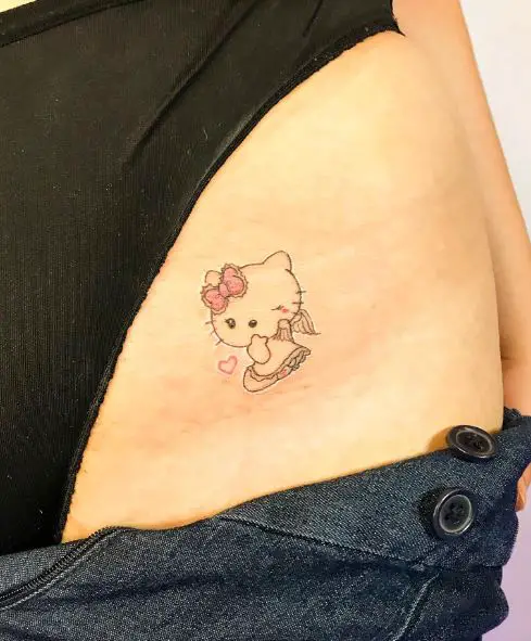 Minimalistic Heart and Angel Hello Kitty Hip Tattoo