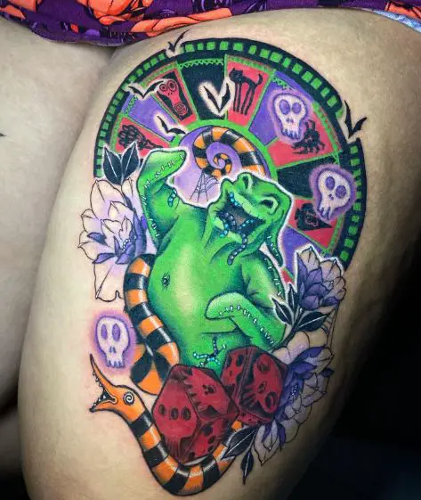 Colorful Skulls, Flowers and Oogie Boogie Thigh Tattoo