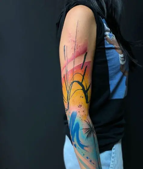 Colorful Landscape with Palm Tree Abstract Arm Tattoo