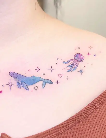 Colorful Whale and Jellyfish Collarbone Tattoo