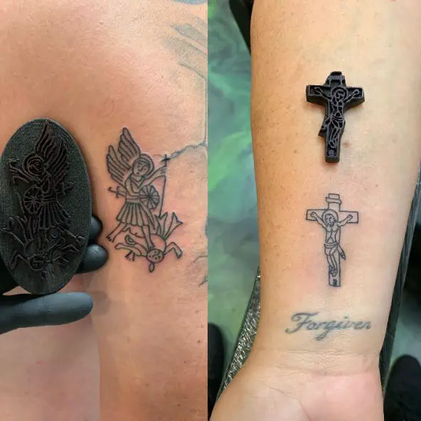 Black and Grey Saint Michael with Sword and Shield Defeating Satan Tattoo