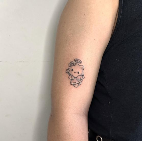 Grey Shaded Angel Hello Kitty with Halo Arm Tattoo