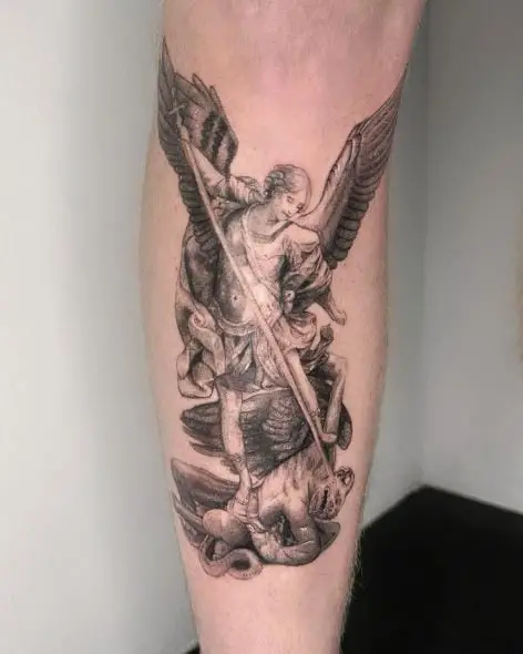 Black and Grey Saint Michael with Spear Defeating Satan Leg Tattoo