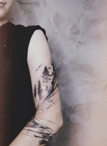Black and Grey Forest Landscape Abstract Arm Tattoo