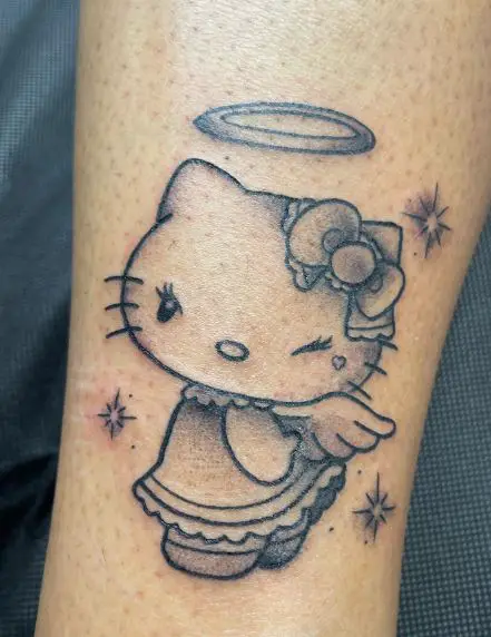 Black and Grey Angel Hello Kitty with Halo Arm Tattoo