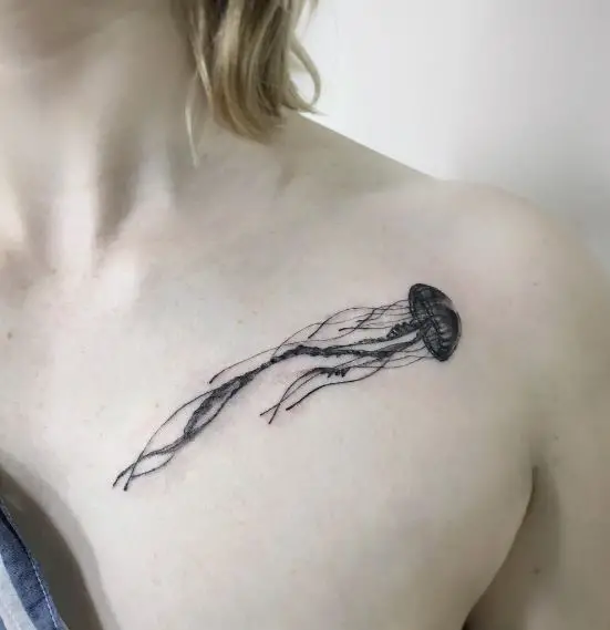 Black and Grey Jellyfish Collarbone Tattoo