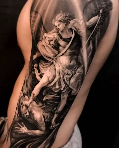 Black and Grey Saint Michael with Sword Defeating Satan Arm Sleeve Tattoo