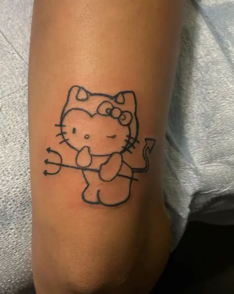 Minimalistic Hello Kitty with Devil Horns, Tail and Trident Arm Tattoo
