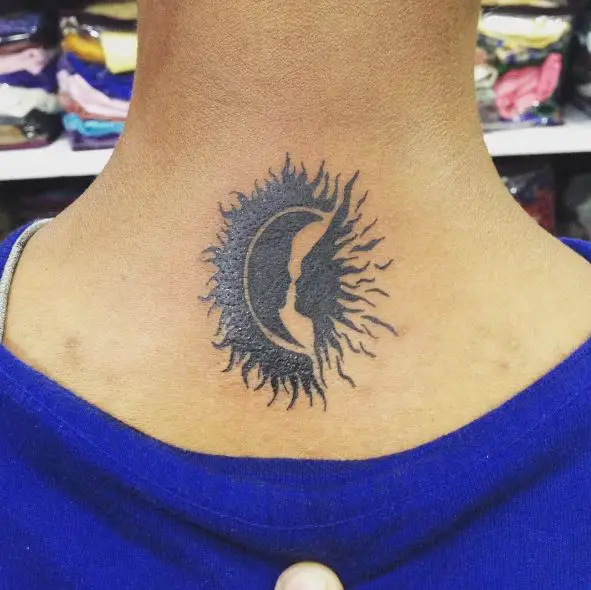 Black Sun and Moon Abstract Neck Tattoo