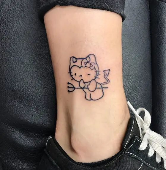 Minimalistic Hello Kitty with Devil Horns, Tail and Trident Ankle Tattoo