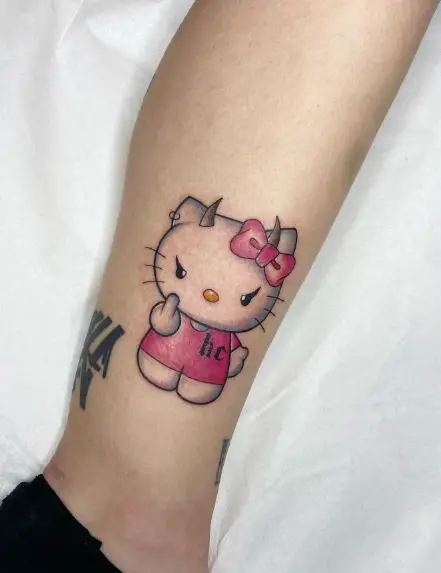 Colorful Hello Kitty with Devil Horns Ankle Tattoo