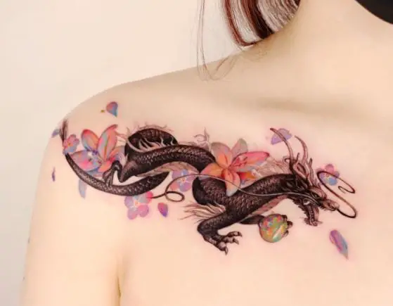 Colorful Flowers and Dragon Collarbone Tattoo