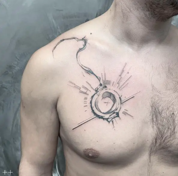 Black and Grey Sun Abstract Chest Tattoo