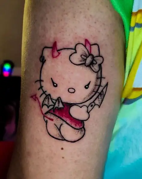 Colorful Hello Kitty with Devil Horns, Tail and Knife Arm Tattoo