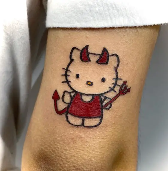 Colorful Hello Kitty with Devil Horns, Tail and Trident Arm Tattoo