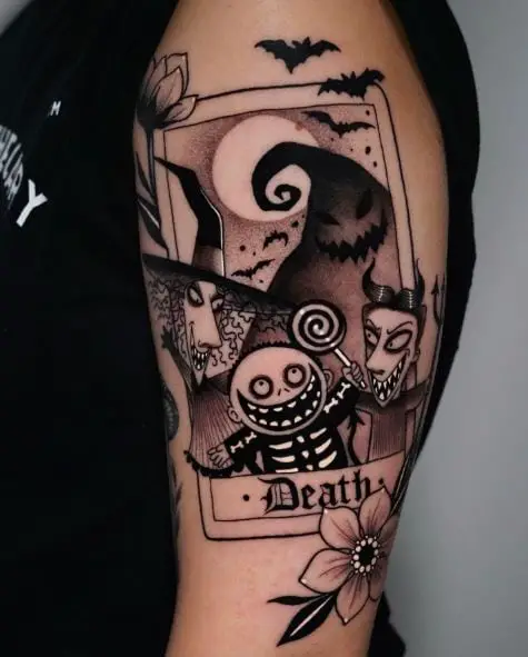 Black and Grey Lock, Shock and Barrel as Tarot Death Card Arm Tattoo