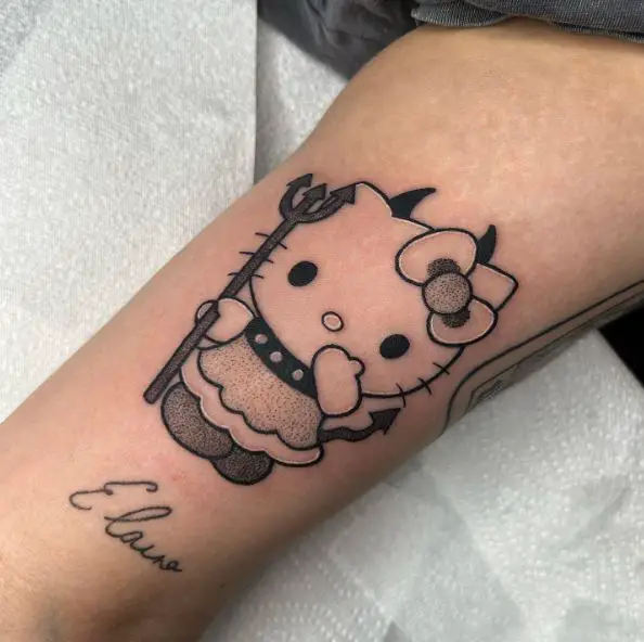 Black and White Hello Kitty with Devil Horns, Tail and Trident Arm Tattoo